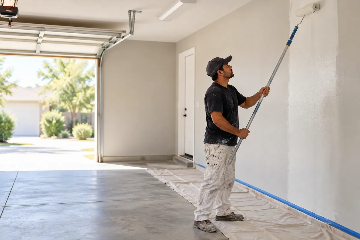 A painter rolling fresh paint onto a garage wall, with drop cloth and tape along the floor edge