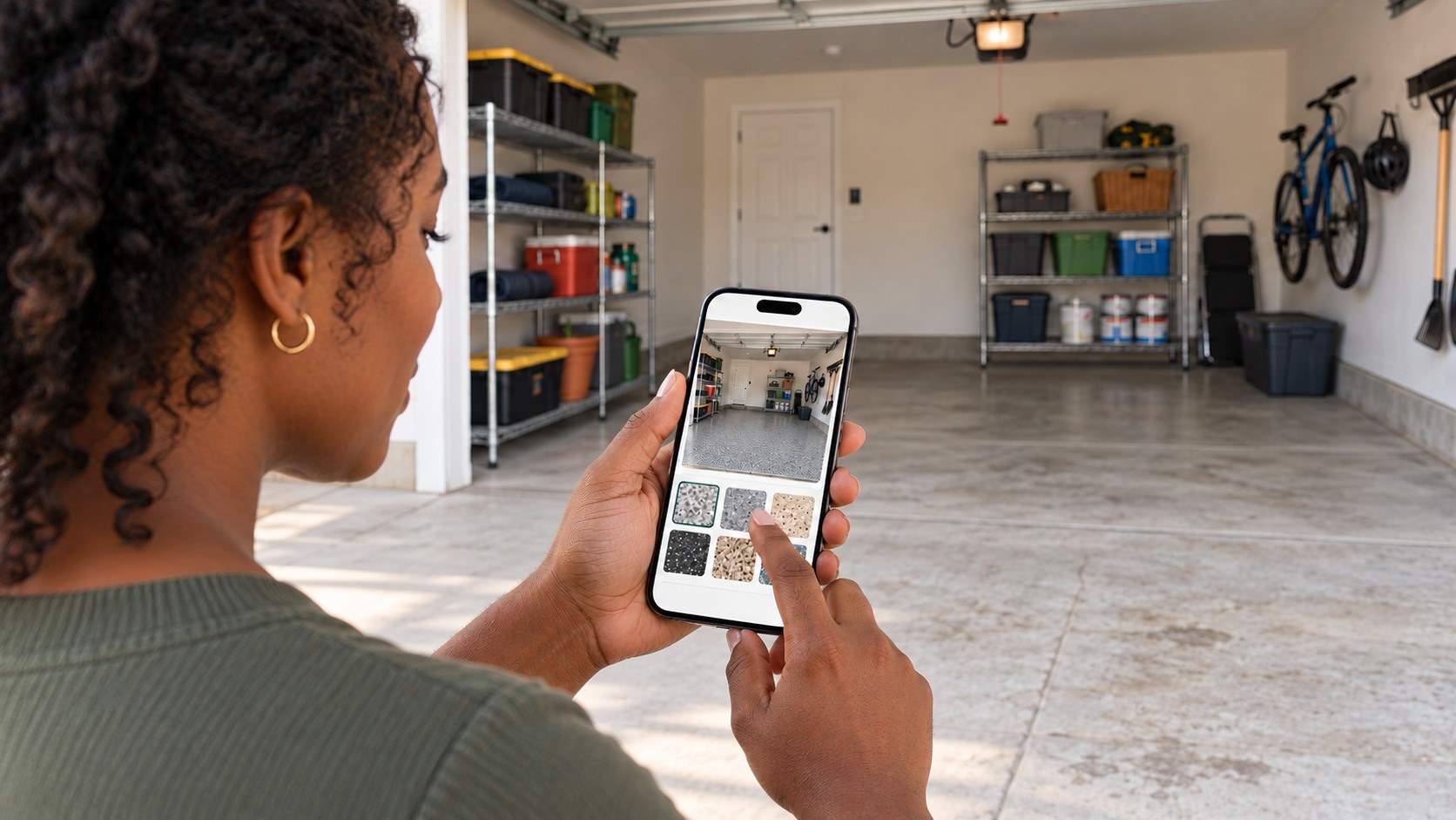 A woman choosing a garage floor on her phone. Her garage still has bare concrete; the new floor appears only in the phone preview.